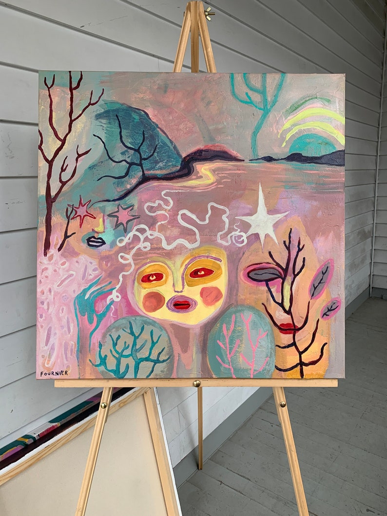 ORIGINAL PAINTING 24x 24 ART acrylic on canvas artwork abstract faces trees lake pond landscape stars textured expressionism pink pastels image 2