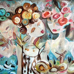 May include: A painting of two women with colorful floral headbands. The woman on the left has a blue and green headband with swirls and the woman on the right has a pink and red headband with flowers. Both women have closed eyes and are looking down. The background is a light brown with a windmill in the bottom right corner.