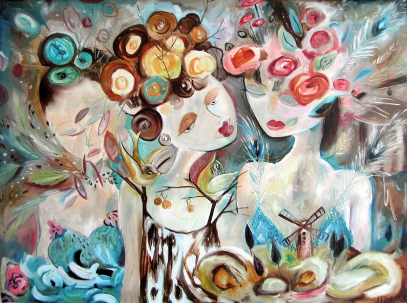 May include: A painting of two women with colorful floral headbands. The woman on the left has a blue and green headband with swirls and the woman on the right has a pink and red headband with flowers. Both women have closed eyes and are looking down. The background is a light brown with a windmill in the bottom right corner.