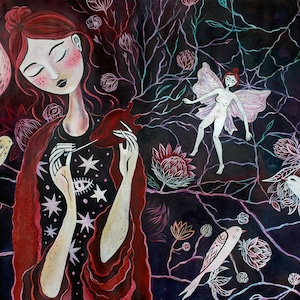 Signed Matted Art Print: Ethereal Woman Mending Heart, Fantasy Birds 11x14