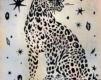 SIGNED MATTED PRINT 11x14 snow leopard art black and white textured vintage style drawing original illustration stars cheetah minimal line