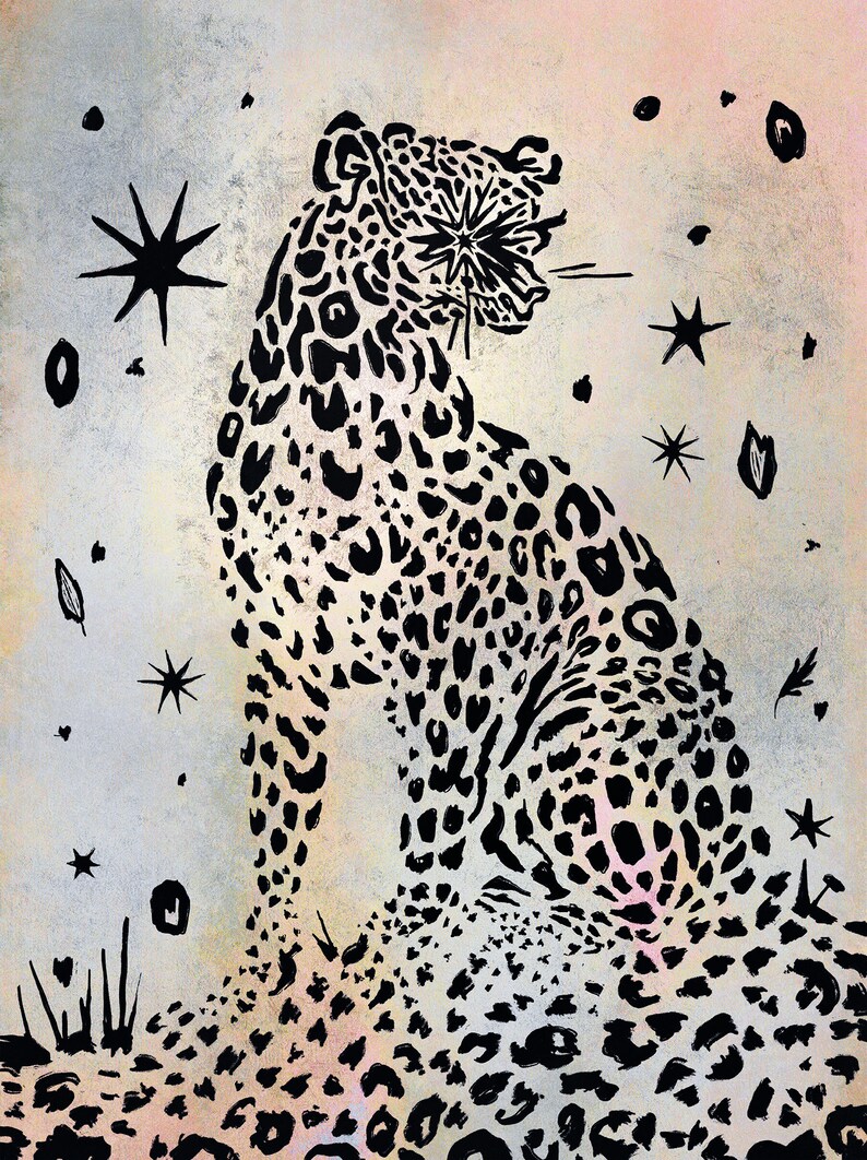 SIGNED MATTED PRINT 11x14 snow leopard art black and white textured vintage style drawing original illustration stars cheetah minimal line image 1