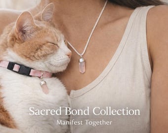 Conjunto de colar e coleira para gatos combinando | Pingente de cristal de quartzo rosa, Coleção Conexão Espiritual