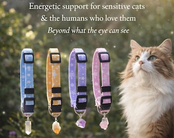 Coleira de Cristal Artesanal para Gatos • Quartzo Rosa, Ametista, Citrino, Quartzo Transparente