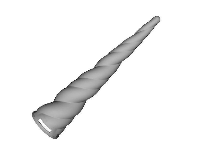 Peut inclure: Une corne de licorne grise avec un design en spirale. La corne a une surface l&eacute;g&egrave;rement textur&eacute;e et une base plate avec une ouverture rectangulaire. La corne se termine en pointe arrondie.