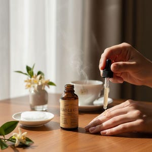 May include: A brown glass bottle of facial oil with a dropper is held over a hand. The bottle is labelled "EROLI GLOW". A cup of tea, a small vase of flowers, and a plate with cotton pads are on a wooden table.