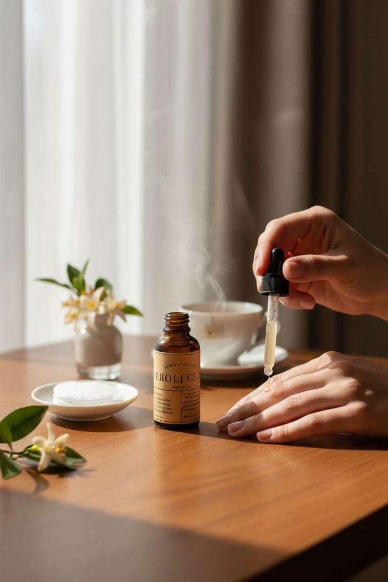 May include: A brown glass bottle of facial oil with a dropper is held over a hand. The bottle is labelled "EROLI GLOW". A cup of tea, a small vase of flowers, and a plate with cotton pads are on a wooden table.
