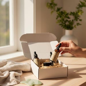 May include: A white gift box containing skincare items: two amber glass bottles with droppers and a small jar. The box is filled with shredded paper. A jade gua sha tool and a folded beige towel are also present.