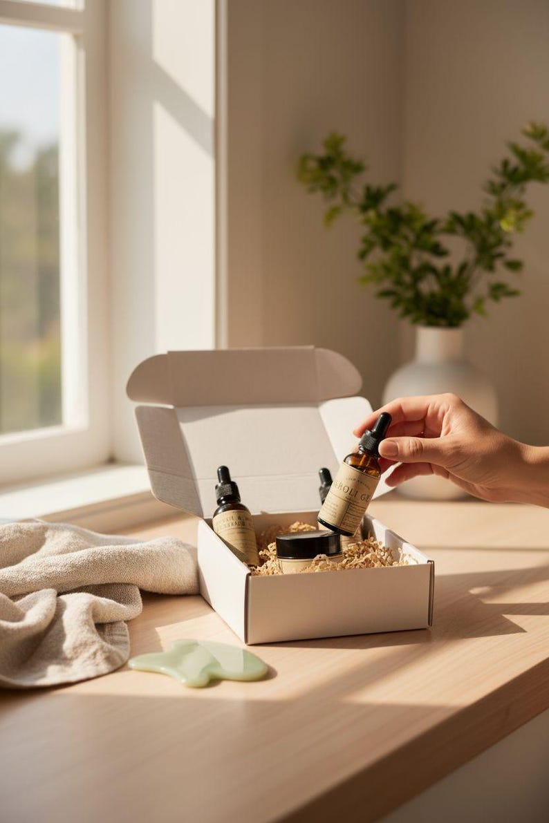 May include: A white gift box containing skincare items: two amber glass bottles with droppers and a small jar. The box is filled with shredded paper. A jade gua sha tool and a folded beige towel are also present.
