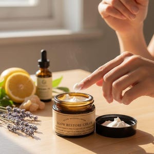 May include: A jar of Glow Restore Cream with a brown label, next to a small brown bottle, lemon slices, and lavender. A finger touches the cream, which is white and fluffy. The jar's lid is off, revealing more cream.