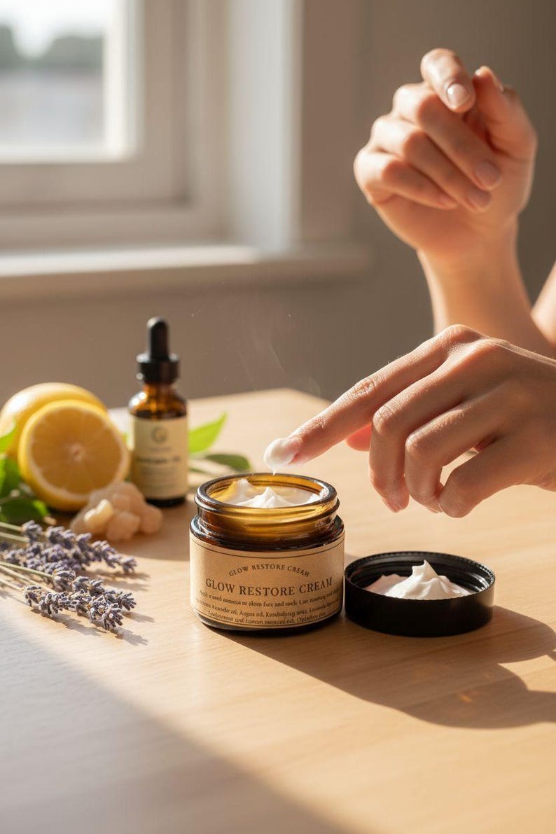 May include: A jar of Glow Restore Cream with a brown label, next to a small brown bottle, lemon slices, and lavender. A finger touches the cream, which is white and fluffy. The jar's lid is off, revealing more cream.