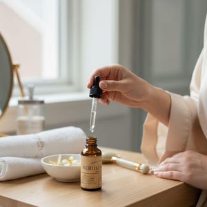 May include: A brown glass bottle labelled "NEROLI" with a dropper is held above it. The bottle is on a wooden surface with a small bowl of white flowers, a jade roller, and rolled white towels. The image suggests a skincare or beauty product.