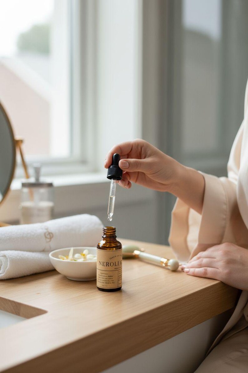 May include: A brown glass bottle labelled "NEROLI" with a dropper is held above it. The bottle is on a wooden surface with a small bowl of white flowers, a jade roller, and rolled white towels. The image suggests a skincare or beauty product.