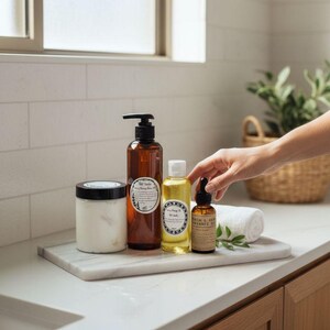 May include: A selection of bath and body products, including a jar, a brown bottle with a pump, a clear bottle, and a small amber bottle, displayed on a marble tray. A white towel and greenery are also present. The products are likely for skincare or self-care.