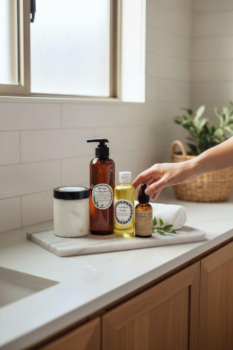 May include: A selection of bath and body products, including a jar, a brown bottle with a pump, a clear bottle, and a small amber bottle, displayed on a marble tray. A white towel and greenery are also present. The products are likely for skincare or self-care.