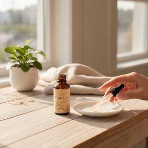 May include: A brown glass bottle labelled "NEROLI G" with a dropper is held over a small white dish. A small potted plant and a gold necklace are on a wooden surface. The scene is lit by natural light from a nearby window.