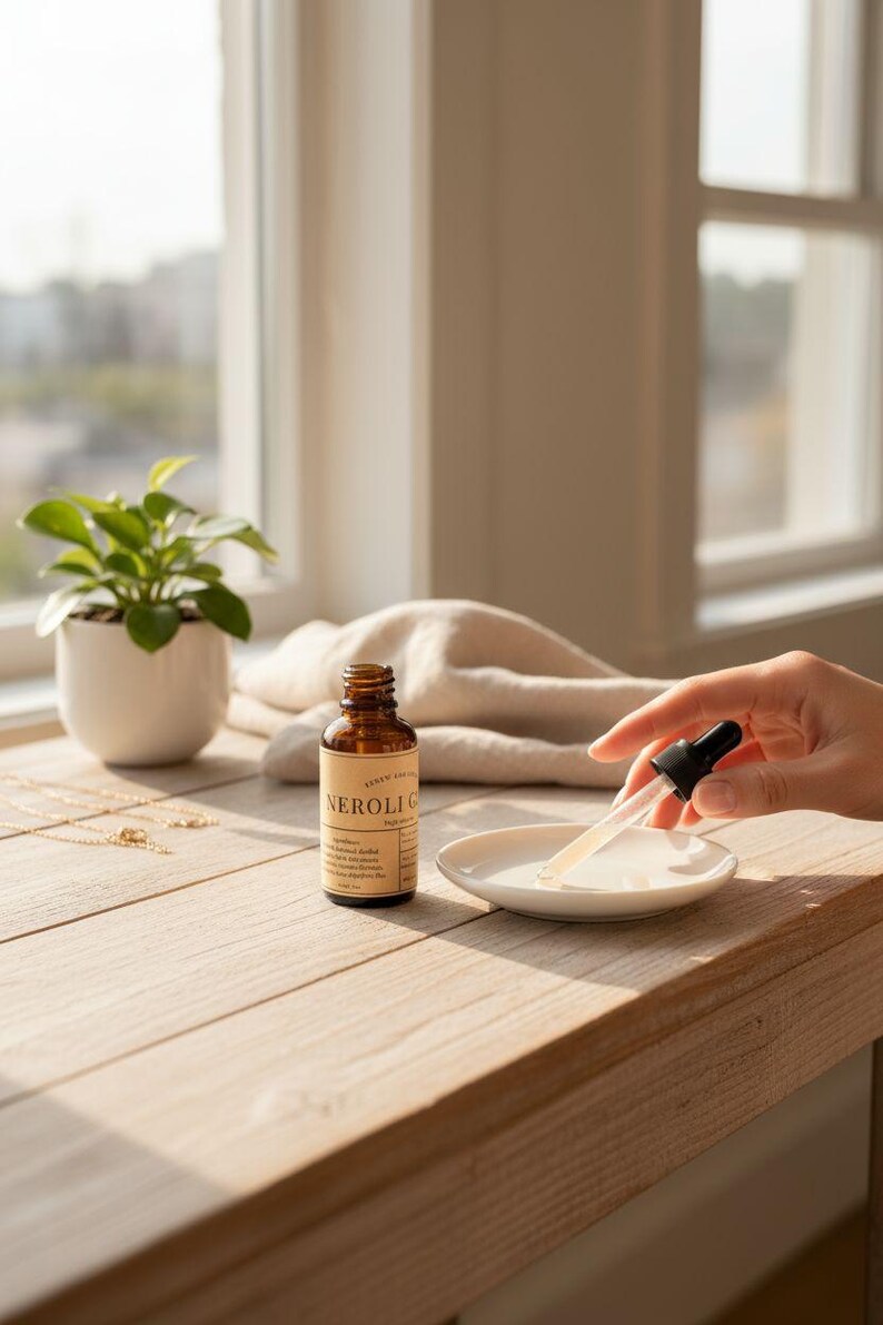 May include: A brown glass bottle labelled "NEROLI G" with a dropper is held over a small white dish. A small potted plant and a gold necklace are on a wooden surface. The scene is lit by natural light from a nearby window.
