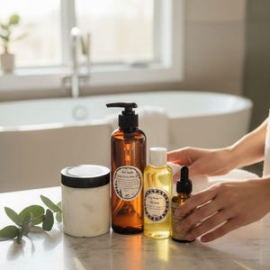May include: A selection of bath and body products, including amber bottles with black pumps, a white jar with a black lid, and small glass bottles. The products are arranged on a marble surface, suggesting a spa or self-care theme.