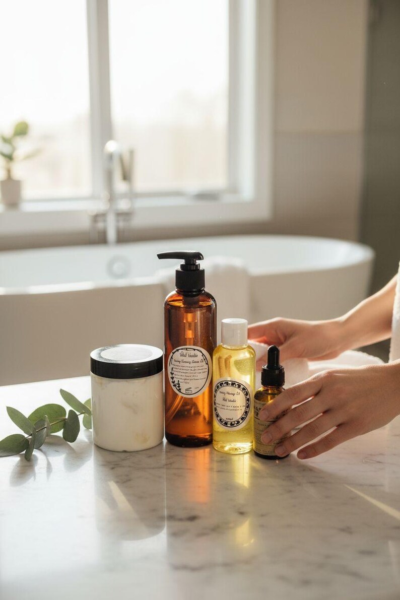 May include: A selection of bath and body products, including amber bottles with black pumps, a white jar with a black lid, and small glass bottles. The products are arranged on a marble surface, suggesting a spa or self-care theme.
