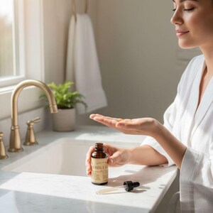 May include: A brown glass bottle of Neroli Glow serum with a dropper, held near a woman's hand. The woman is in a white robe in a bathroom with a marble countertop and gold fixtures. The serum is being applied to the hand.