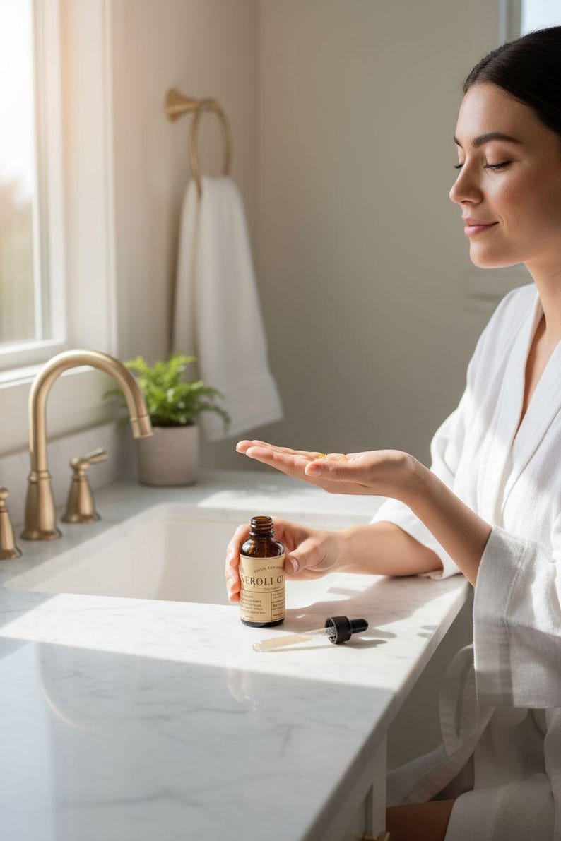 May include: A brown glass bottle of Neroli Glow serum with a dropper, held near a woman's hand. The woman is in a white robe in a bathroom with a marble countertop and gold fixtures. The serum is being applied to the hand.