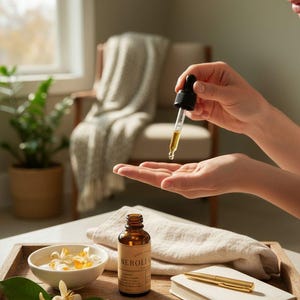 May include: A brown glass bottle labelled "NEROLI" sits on a wooden tray with a small bowl of flowers, a white towel, and a notebook with a gold pen. A person is holding a dropper with a yellow liquid, dispensing it into their open palm.