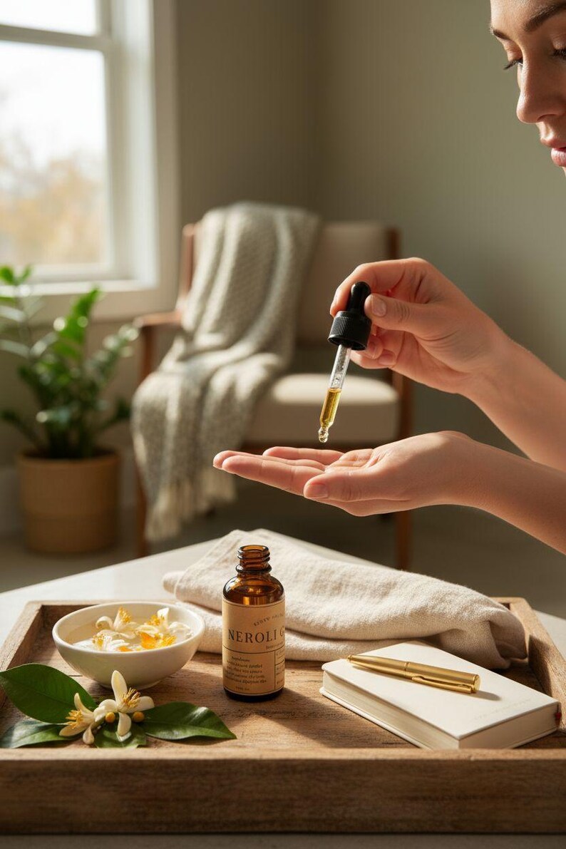 May include: A brown glass bottle labelled "NEROLI" sits on a wooden tray with a small bowl of flowers, a white towel, and a notebook with a gold pen. A person is holding a dropper with a yellow liquid, dispensing it into their open palm.