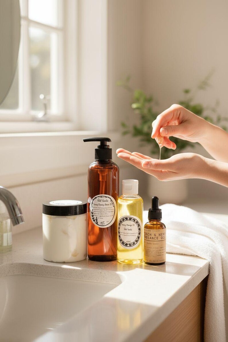 May include: A selection of skincare products, including a jar of cream, two amber bottles with pump dispensers, and two smaller bottles. One bottle has a dropper. The products are arranged on a white countertop near a sink.