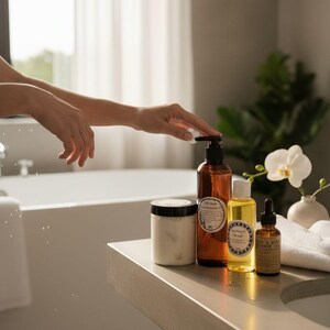 May include: A selection of bath products, including a jar of cream, a brown bottle with a pump, two smaller bottles, and a white towel. The products are arranged on a light-coloured countertop near a bathtub.