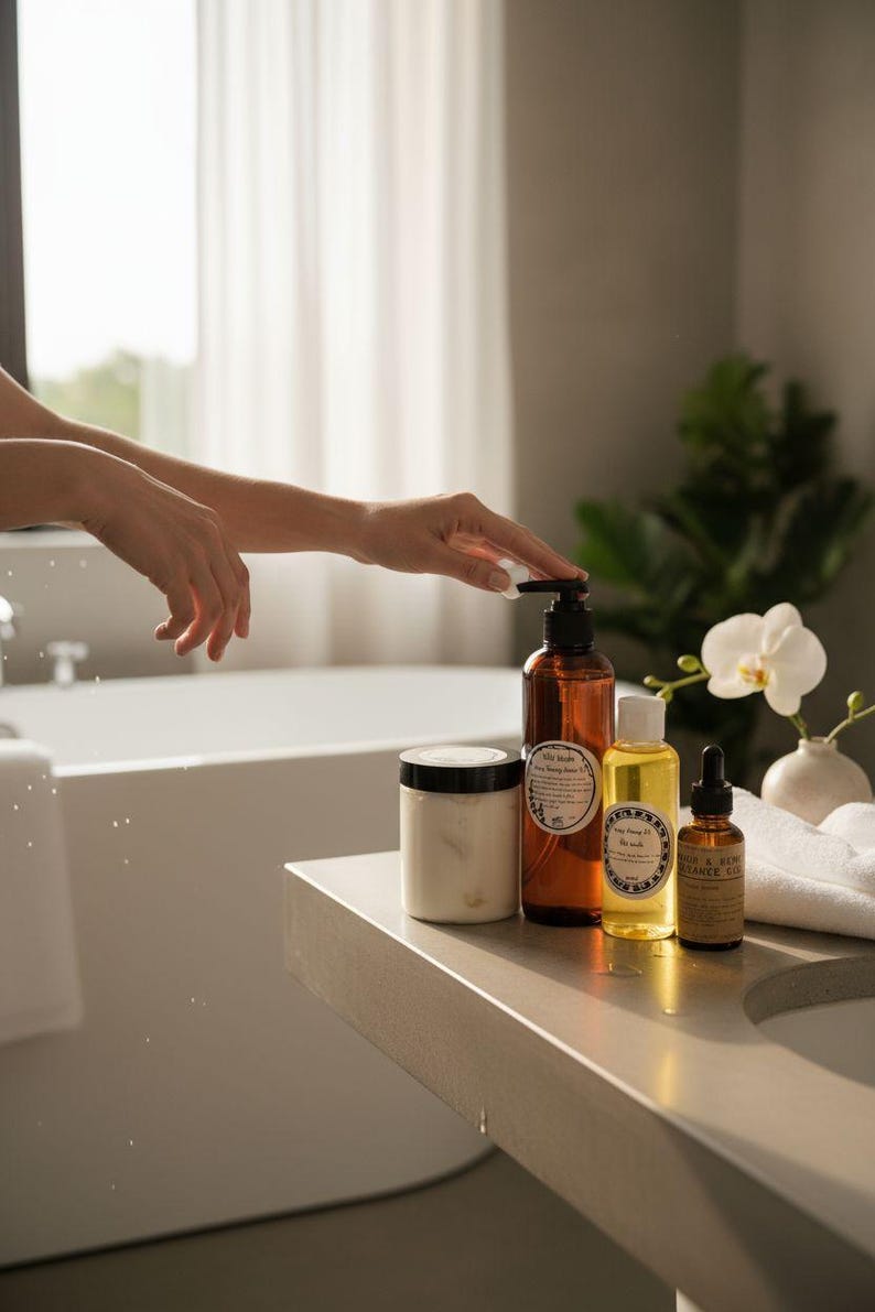 May include: A selection of bath products, including a jar of cream, a brown bottle with a pump, two smaller bottles, and a white towel. The products are arranged on a light-coloured countertop near a bathtub.