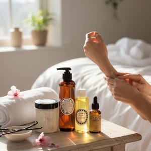 May include: A selection of spa products, including bottles of oil and lotion, a jar, and a rolled white towel, are arranged on a wooden table. Vanilla pods and pink flowers add a decorative touch. The scene is bathed in soft sunlight.