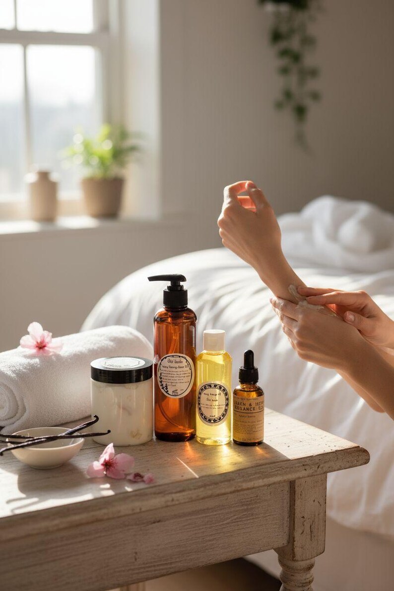 May include: A selection of spa products, including bottles of oil and lotion, a jar, and a rolled white towel, are arranged on a wooden table. Vanilla pods and pink flowers add a decorative touch. The scene is bathed in soft sunlight.