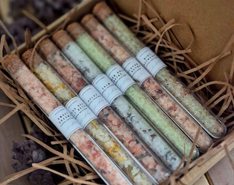 Bath Salts Gift Set | Epsom, Himalayan & Dead Sea Salt Spa Soak | 7 Sample Tubes with Personalized Card | Letterbox Gift for Her