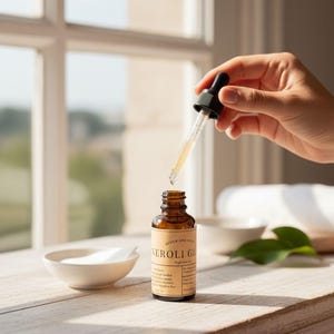 May include: A brown glass bottle labelled "Neroli Glow" with a dropper dispensing liquid. The bottle is on a wooden surface near a small white bowl and a window. The dropper is held by a hand.