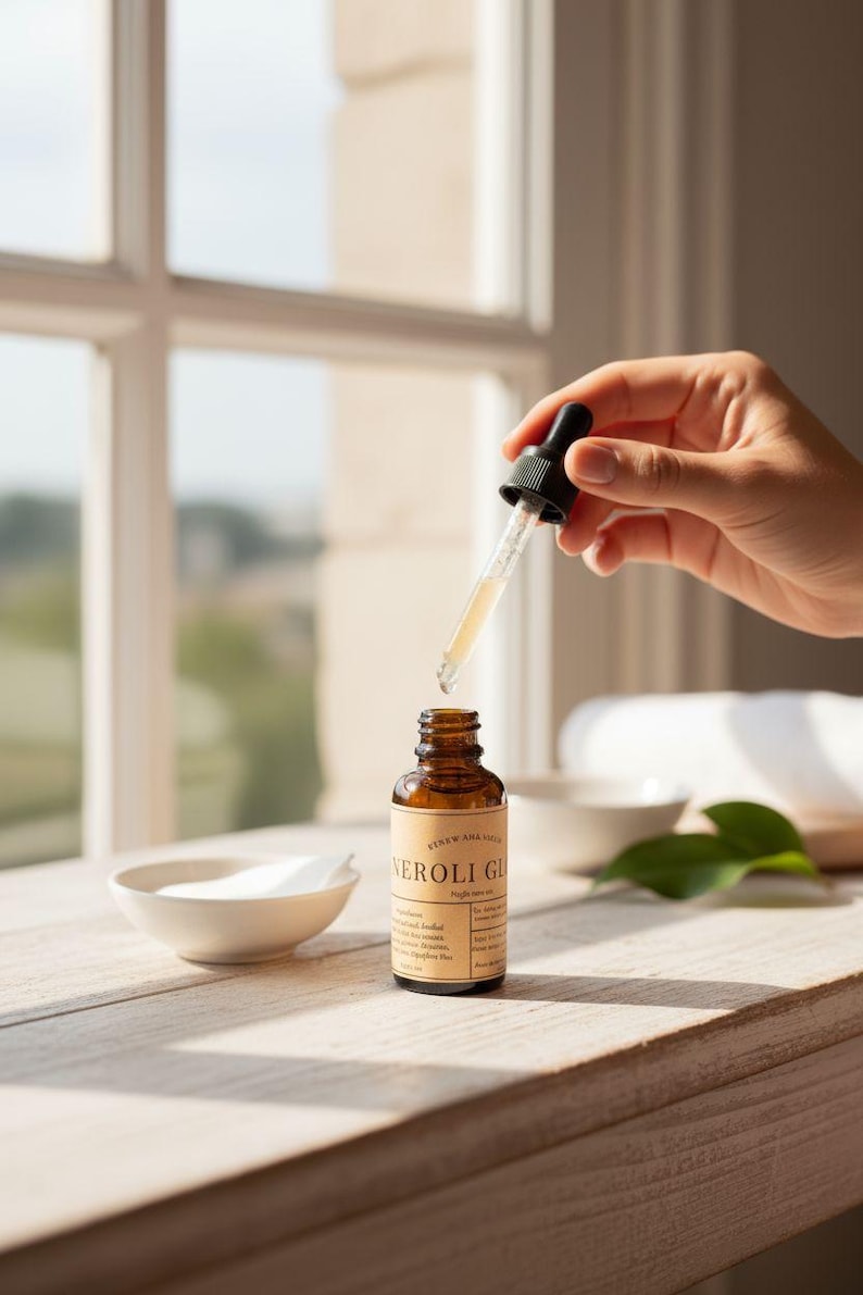 May include: A brown glass bottle labelled "Neroli Glow" with a dropper dispensing liquid. The bottle is on a wooden surface near a small white bowl and a window. The dropper is held by a hand.
