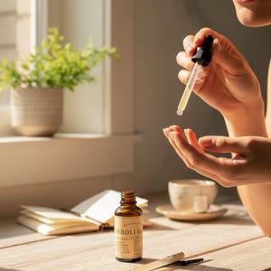 May include: A brown glass bottle of Neroli Glow serum with a dropper is held above a hand. The serum is being dispensed. A small notebook, a cup of tea, and a small plant in a pot are in the background.