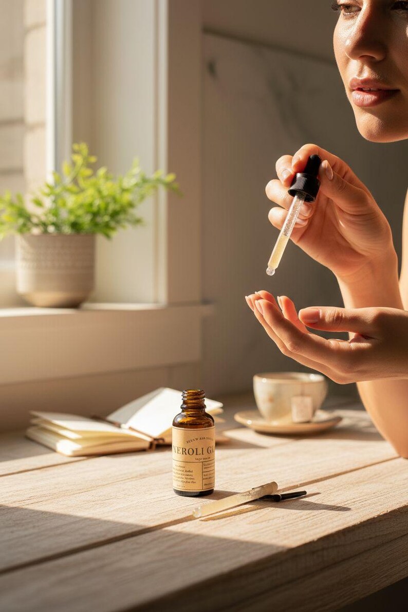 May include: A brown glass bottle of Neroli Glow serum with a dropper is held above a hand. The serum is being dispensed. A small notebook, a cup of tea, and a small plant in a pot are in the background.