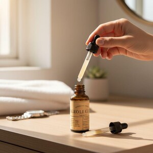 May include: A brown glass bottle of Neroli Glow serum with a dropper. The dropper is held above the bottle, dispensing the serum. The bottle has a tan label with text. The background includes a white towel, a watch, and a small plant.