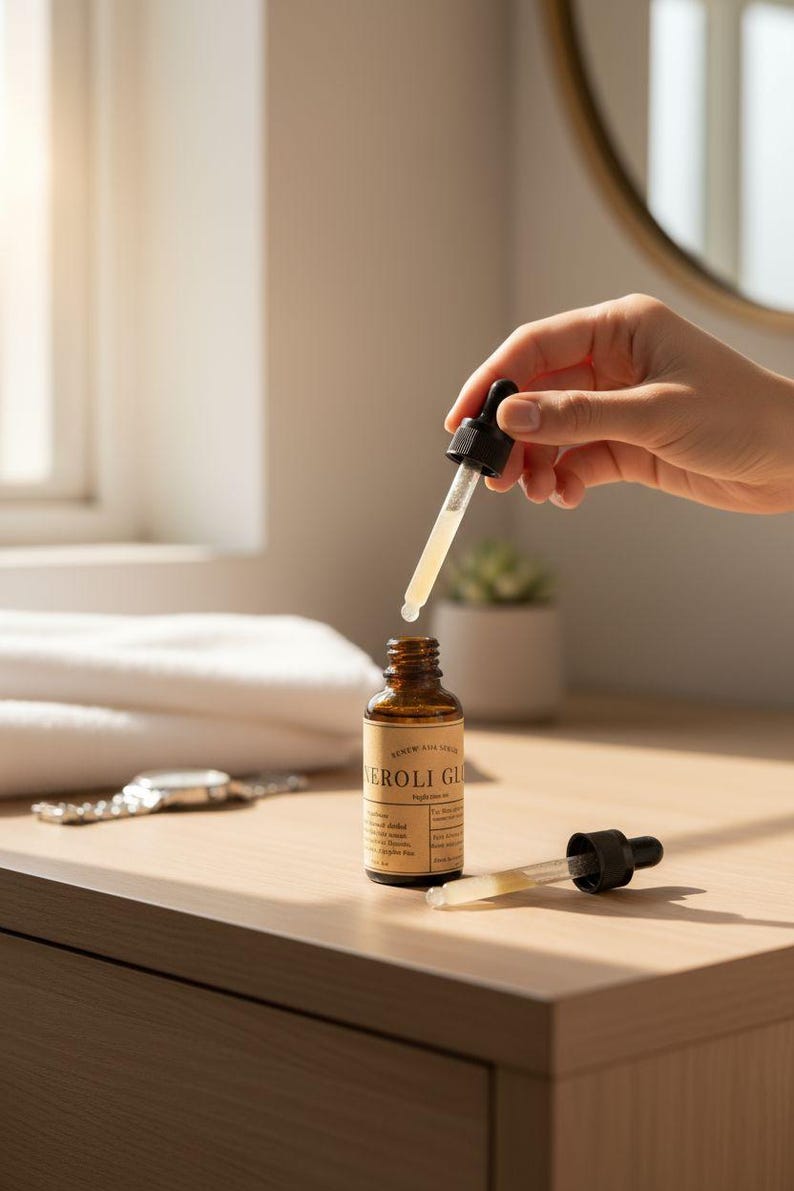 May include: A brown glass bottle of Neroli Glow serum with a dropper. The dropper is held above the bottle, dispensing the serum. The bottle has a tan label with text. The background includes a white towel, a watch, and a small plant.