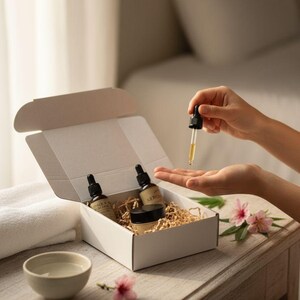 May include: A white box containing skincare products, including bottles and a jar, with straw. A person holds a dropper with liquid over their hand. The box is on a wooden table with a bowl, towel, and flowers.