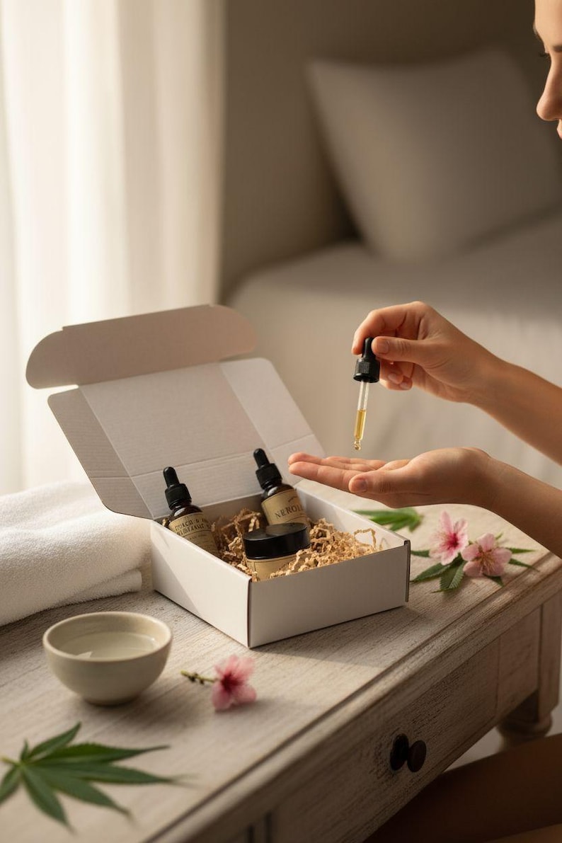 May include: A white box containing skincare products, including bottles and a jar, with straw. A person holds a dropper with liquid over their hand. The box is on a wooden table with a bowl, towel, and flowers.