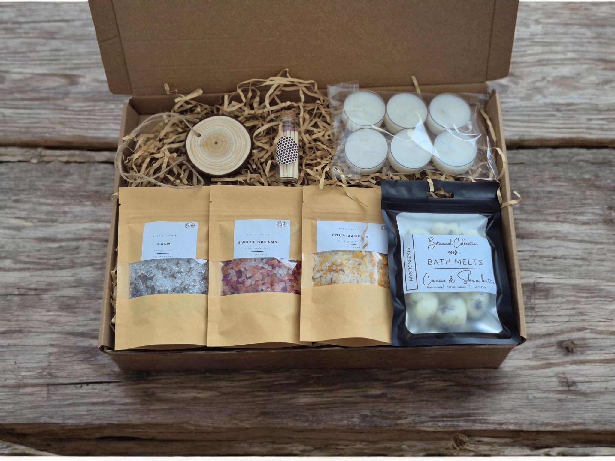 Bath Salts Gift Set, Scented Cacao & Shea Butter Bath Melts with Tea Lights for Ultimate Spa Experience, Ideal Gift for Self-Care