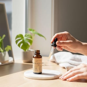 May include: A brown glass bottle with a dropper, labelled "NEROLI GLOW", rests on a white marble coaster. A hand holds the dropper, dispensing liquid. The scene is set on a wooden table with a plant and mirror in the background.