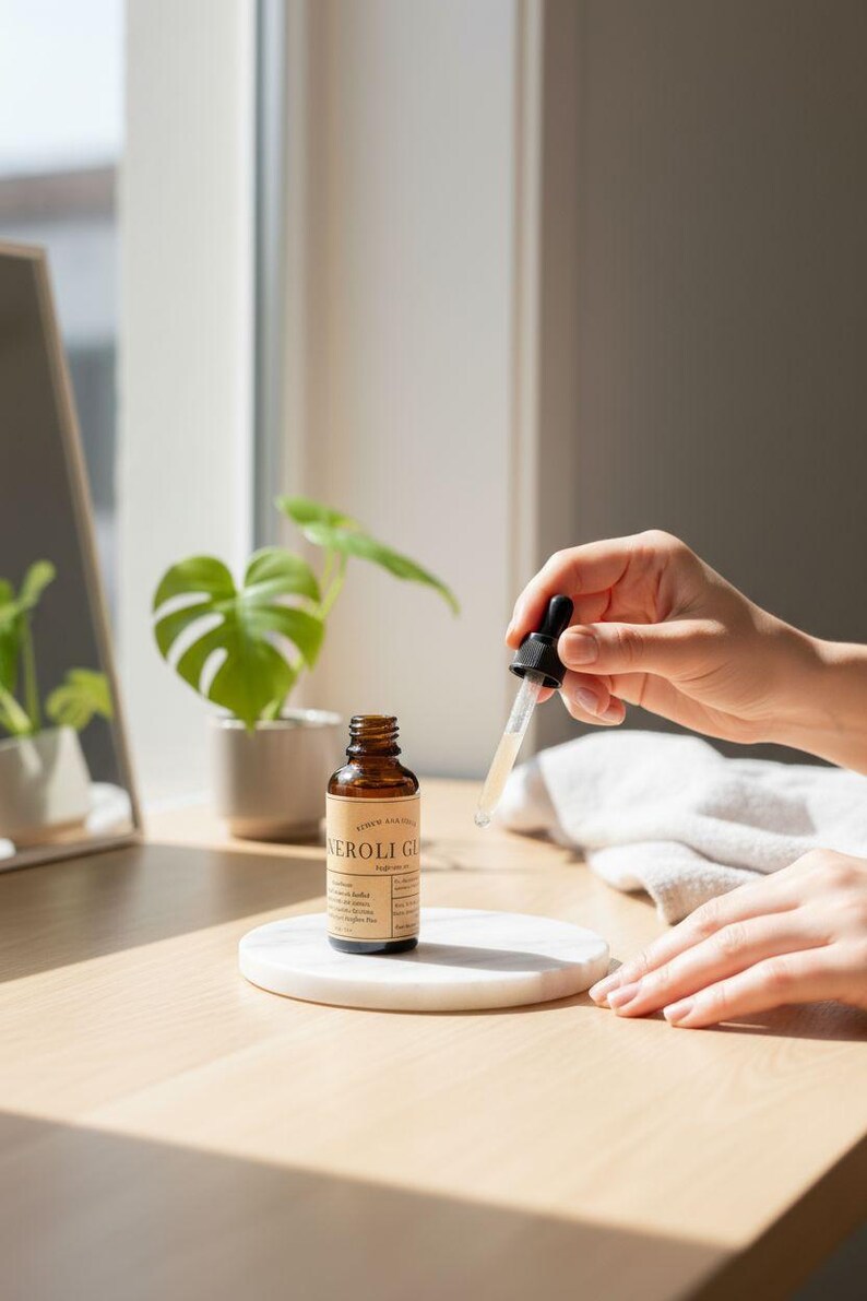 May include: A brown glass bottle with a dropper, labelled "NEROLI GLOW", rests on a white marble coaster. A hand holds the dropper, dispensing liquid. The scene is set on a wooden table with a plant and mirror in the background.