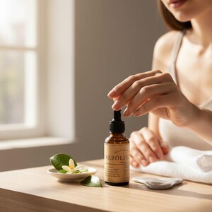 May include: A brown glass bottle of Neroli G essential oil with a dropper, on a wooden table. A small white dish with a flower and leaves is next to it. A woman's hand is reaching for the bottle.