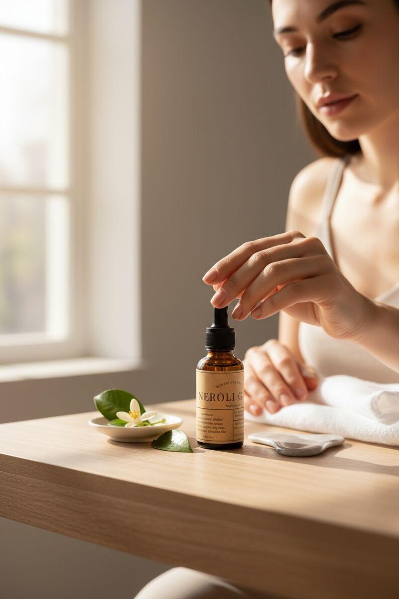 May include: A brown glass bottle of Neroli G essential oil with a dropper, on a wooden table. A small white dish with a flower and leaves is next to it. A woman's hand is reaching for the bottle.