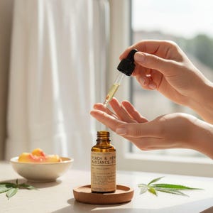 May include: A brown glass bottle of Peach & Hemp Radiance Oil with a dropper is held above a hand. The bottle sits on a small, round wooden coaster. A small bowl of peach slices and a cannabis leaf are also visible.