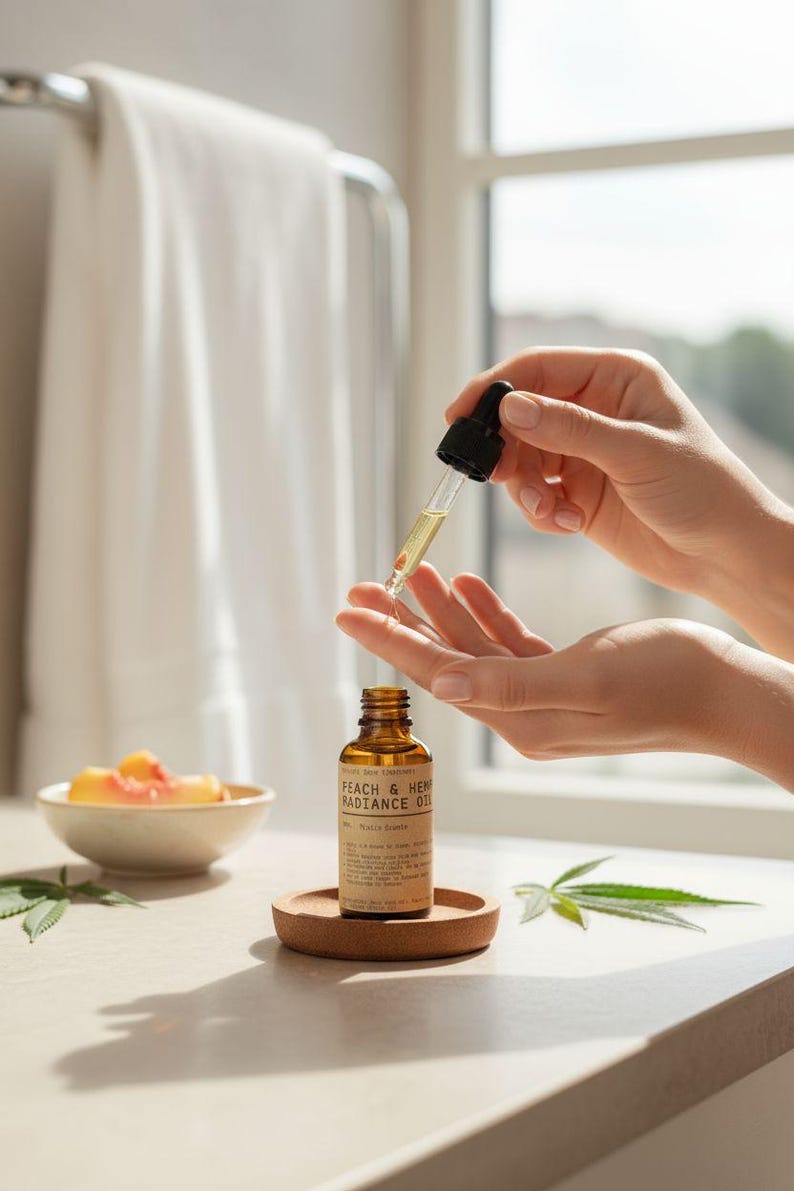 May include: A brown glass bottle of Peach & Hemp Radiance Oil with a dropper is held above a hand. The bottle sits on a small, round wooden coaster. A small bowl of peach slices and a cannabis leaf are also visible.