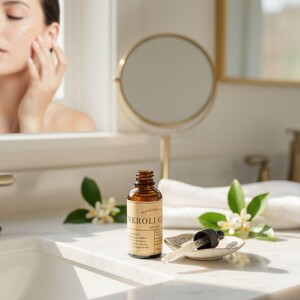May include: A brown glass bottle of Neroli Glow serum with a dropper, placed on a marble countertop. The bottle is next to a small dish with a dropper and some white flowers. A woman is seen in the mirror applying the serum.