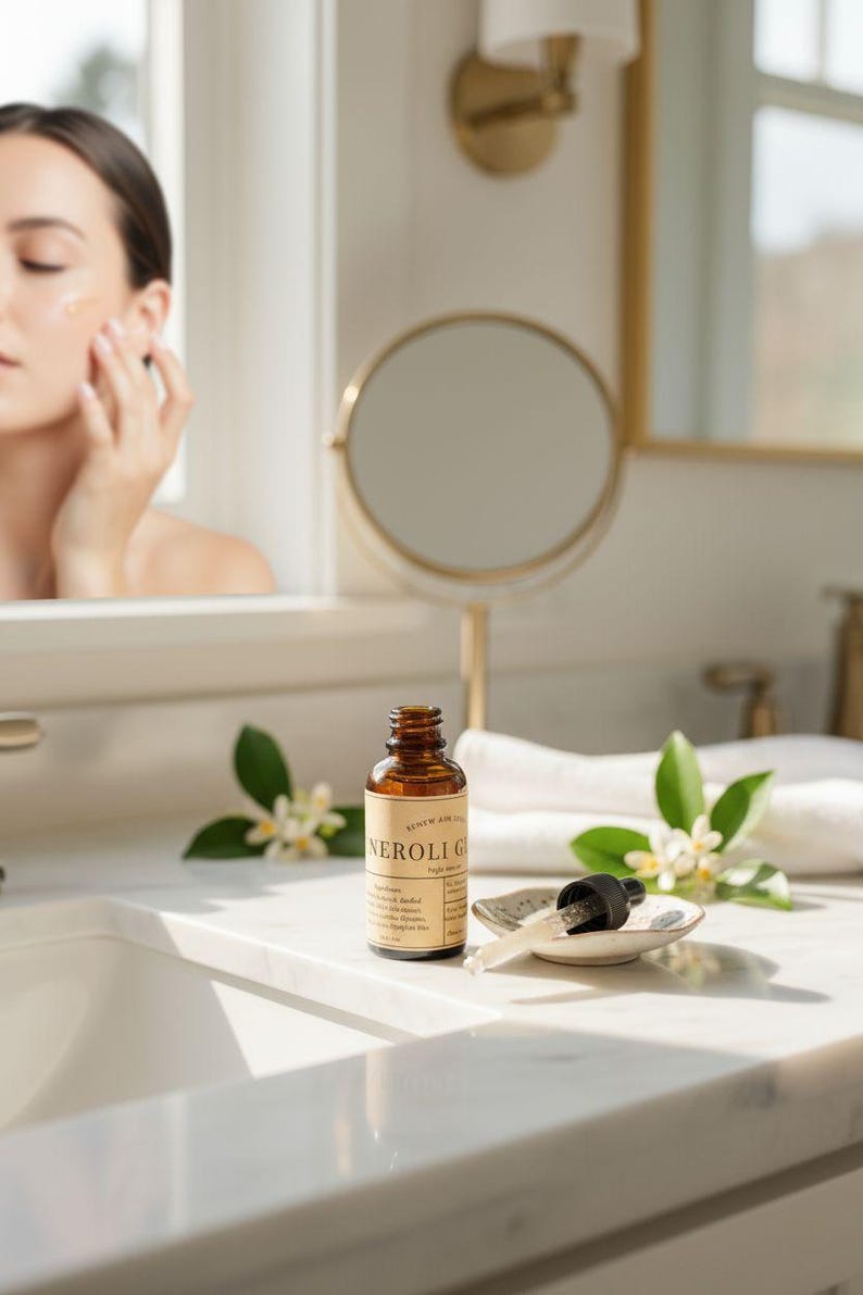 May include: A brown glass bottle of Neroli Glow serum with a dropper, placed on a marble countertop. The bottle is next to a small dish with a dropper and some white flowers. A woman is seen in the mirror applying the serum.